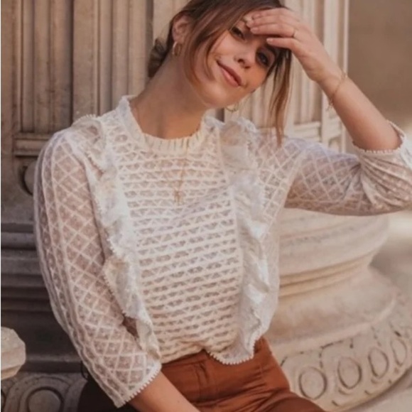 Sézane Emma Pleated Ruffle Front Lace 3/4 Sleeve Blouse | Sz Small | Ecru White - Picture 3 of 13